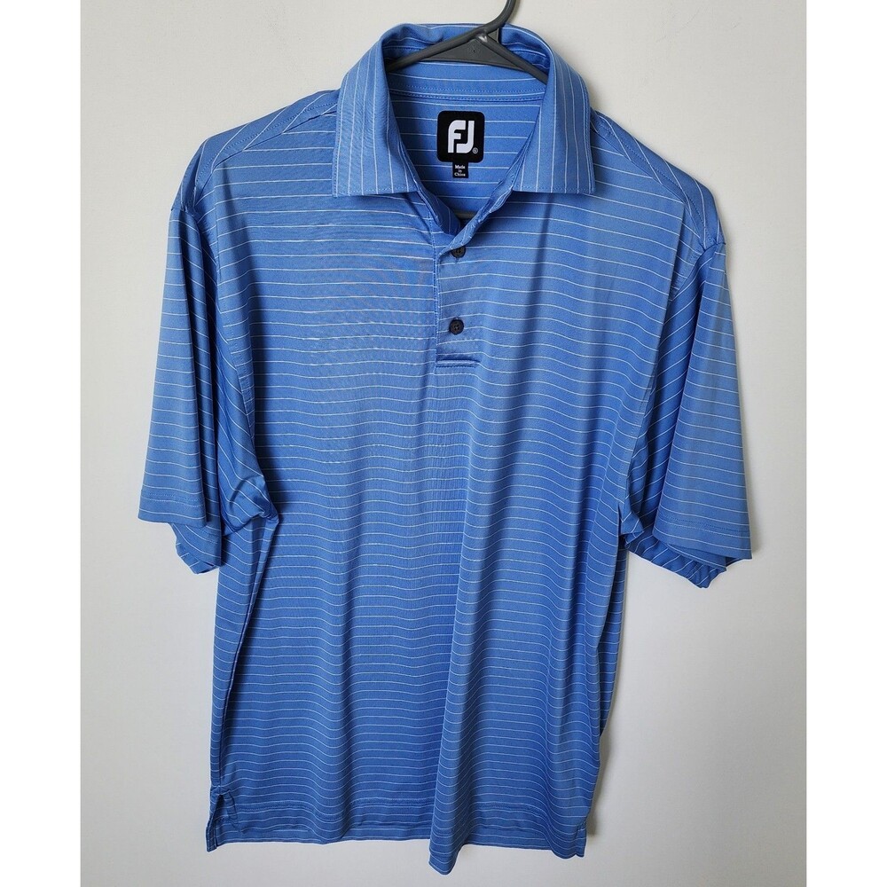 FJ Footjoy Mens Small Performance Golf Polo Blue White Striped Moisture Wicking